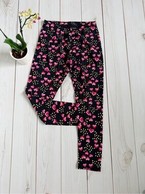 Girls' Black Leggings with Pink Heart Print - Kids Bottoms